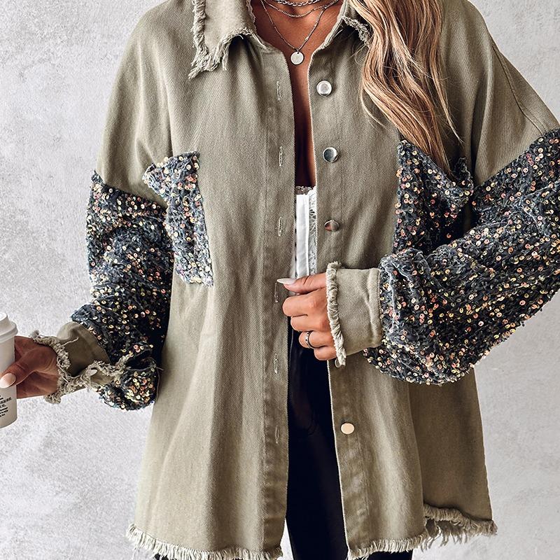 NENITA™ - Chic Oversized Sequin Hem Collared Button Down Jacket