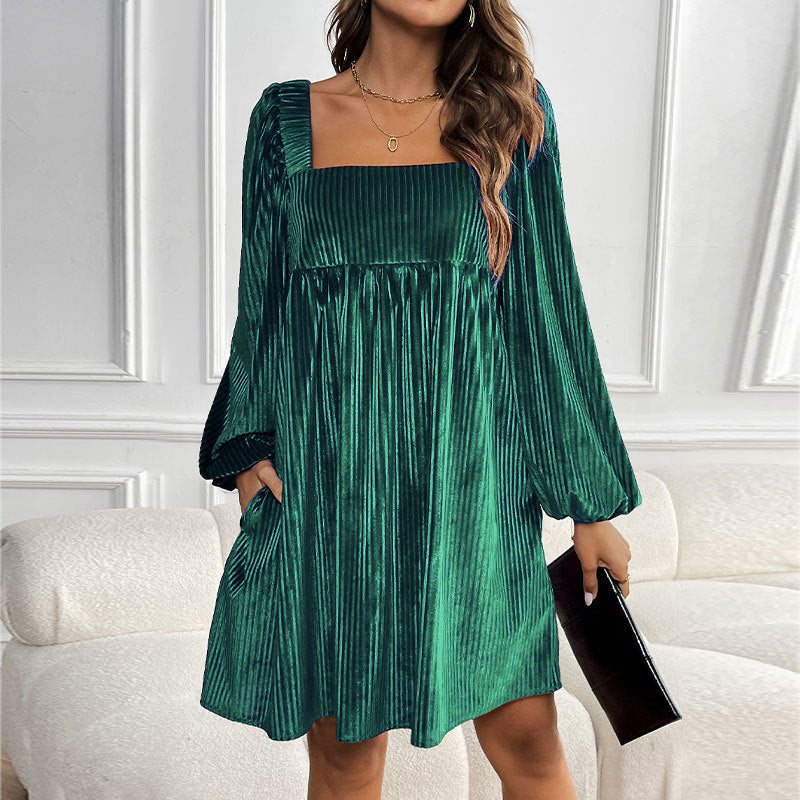 KEYZI™ - Cozy Plain Bishop Sleeve Square Neck Mini Dress