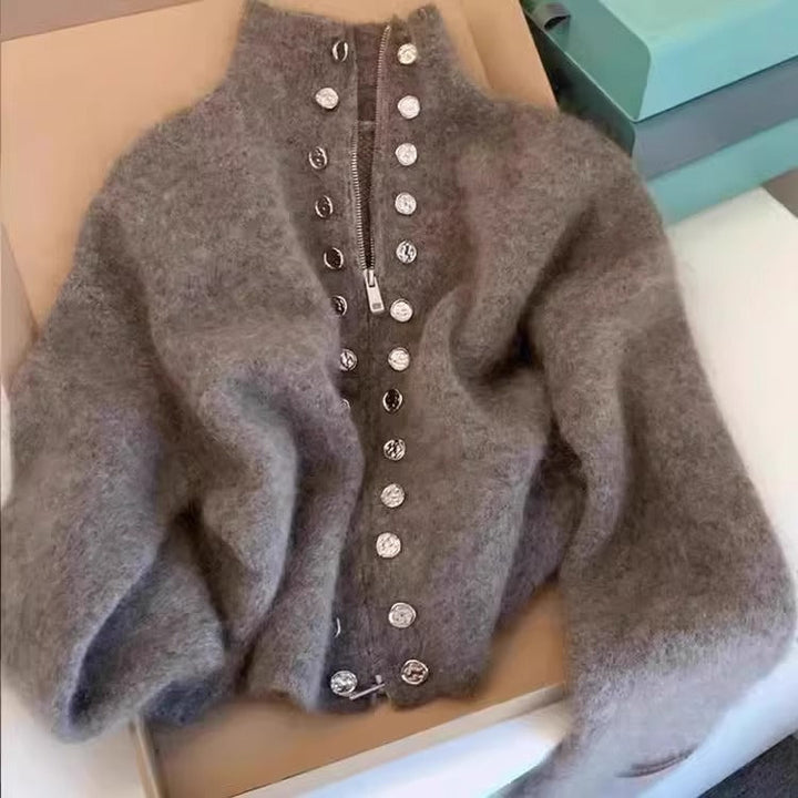 MILANA™ - Stylish Knitted High Neck Cardigan with Faux Button Accents