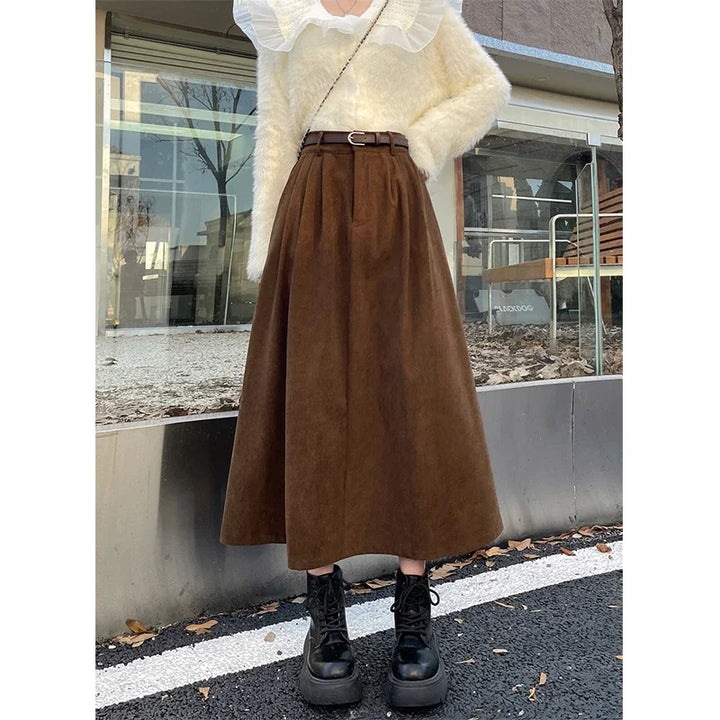 ESTELLE™ – Classic Belt Corduroy Midi Skirt